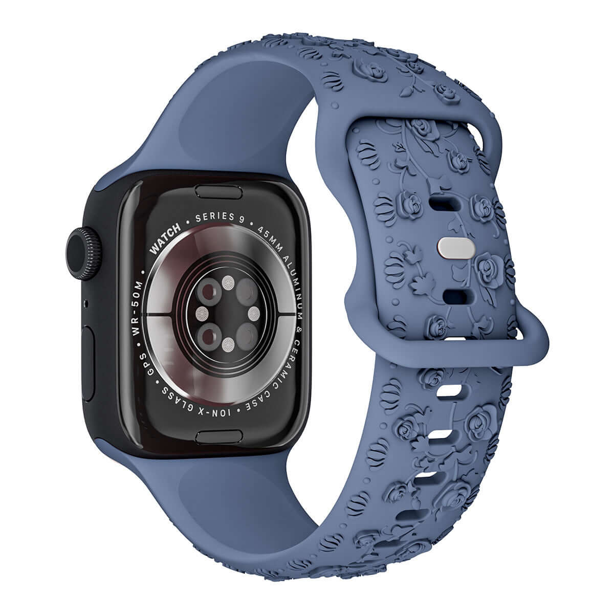 Apple Watch Band featuring a floral silicone strap in blue, perfect for women's style and comfort.