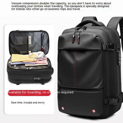 Vacuum Compression Travel Backpack showcasing spacious interior for organized packing and USB battery feature.