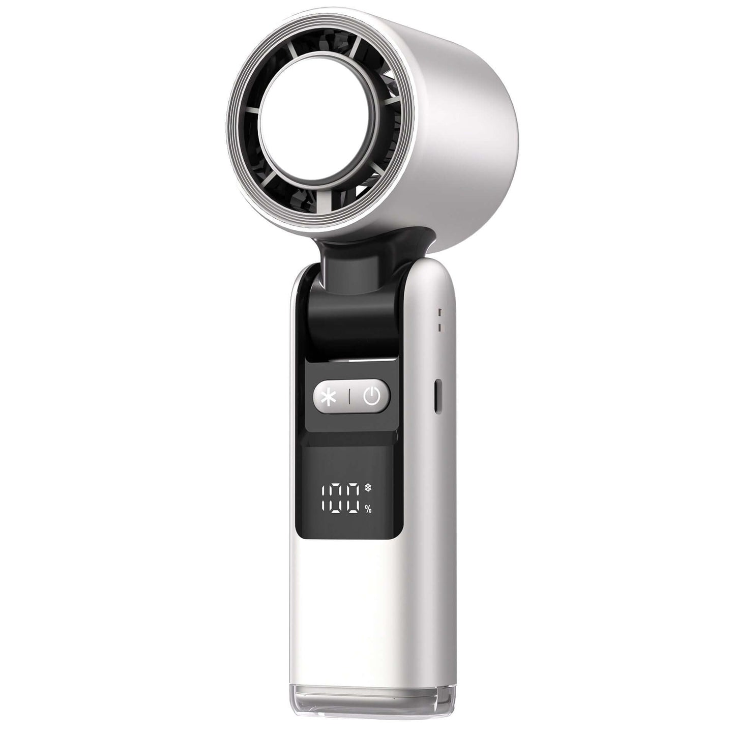 Handheld fan with digital display on a white background
