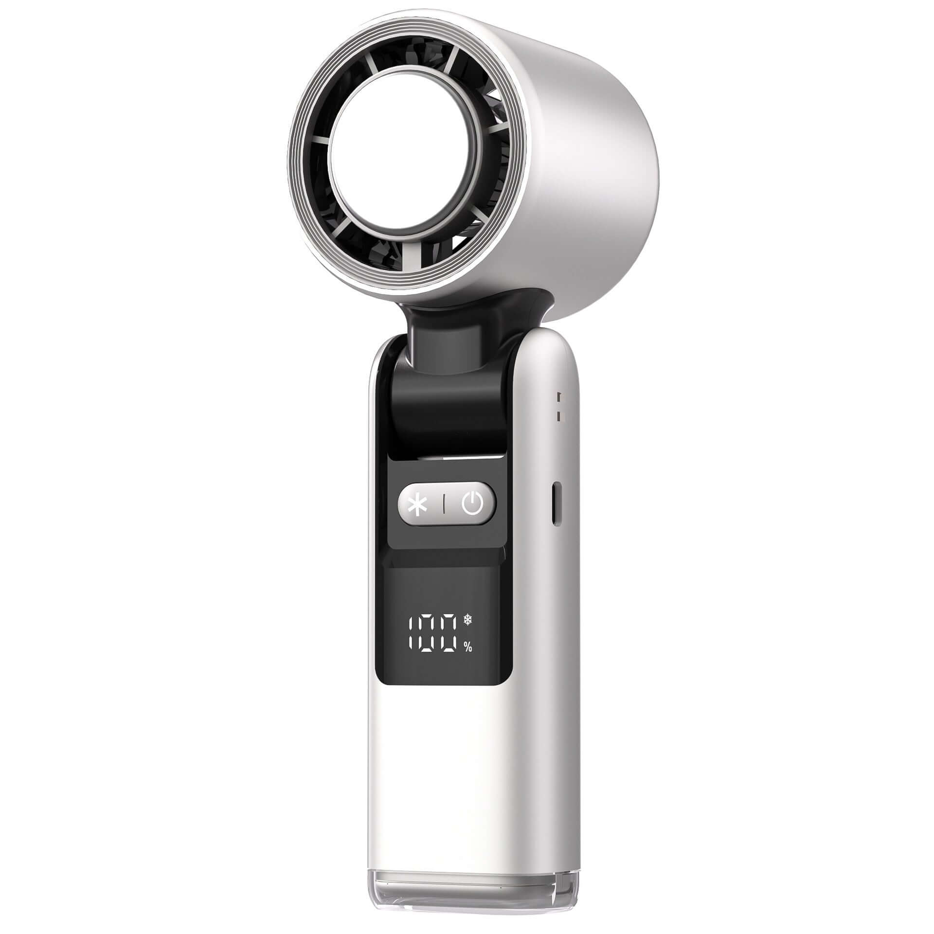 Handheld fan with digital display on a white background