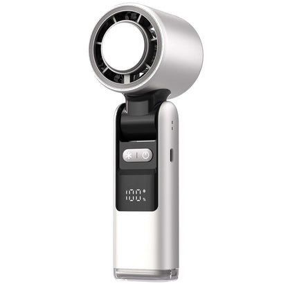Handheld fan with digital display on a white background
