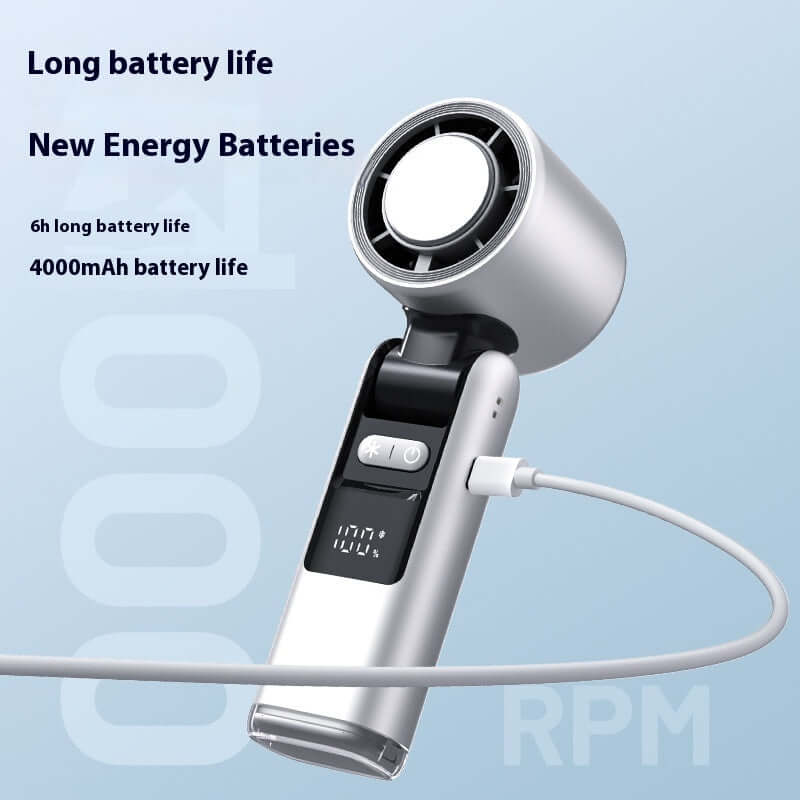 Mini Turbo Ice Fan with charging cable on a light blue background, highlighting long battery life.