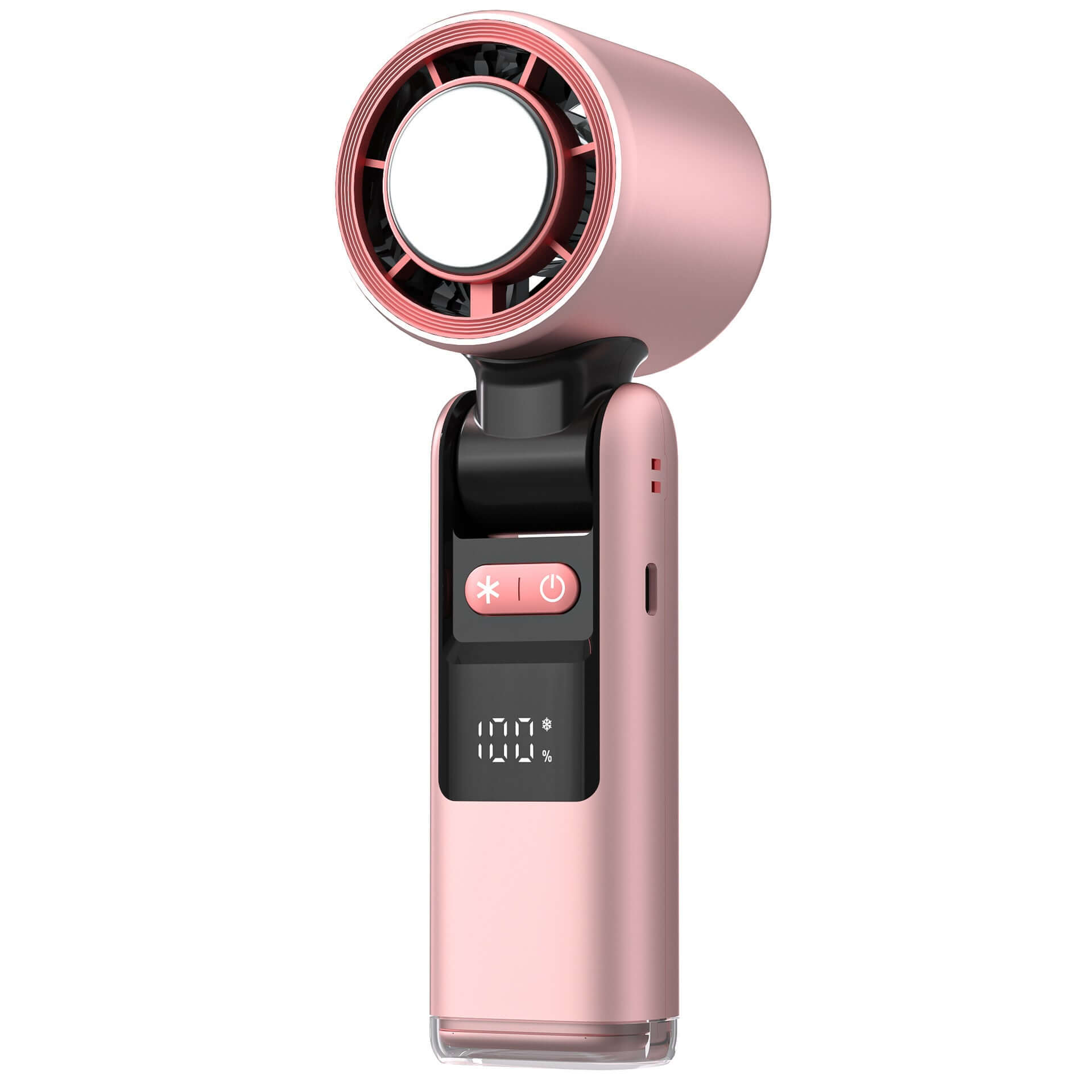 Pink handheld Mini Turbo Ice Fan with control panel on a Pink background