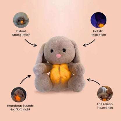 Breathing bunny toy with anxiety relief label on pink background