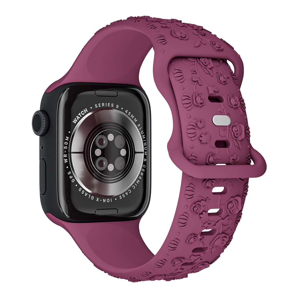Apple Watch Band – Floral Silicone Strap for Women in dark pink, showcasing a stylish floral design and comfortable fit.