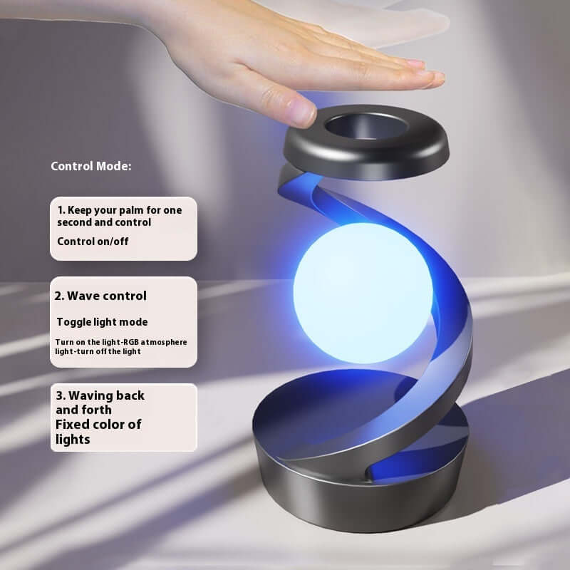 levitating moon lamp glowing in dark bedroom setup