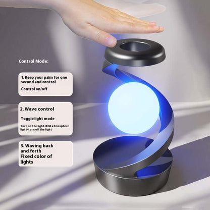 levitating moon lamp glowing in dark bedroom setup