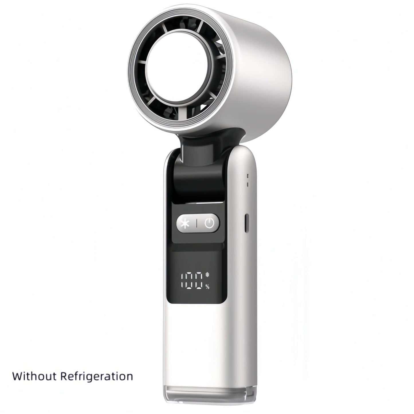 Handheld fan with digital display on a white background