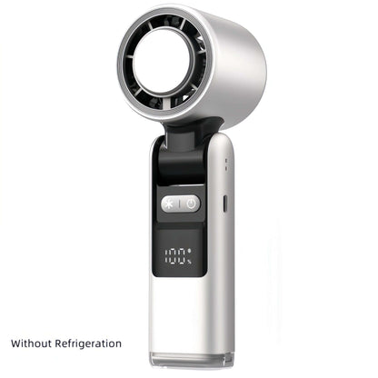 Handheld fan with digital display on a white background