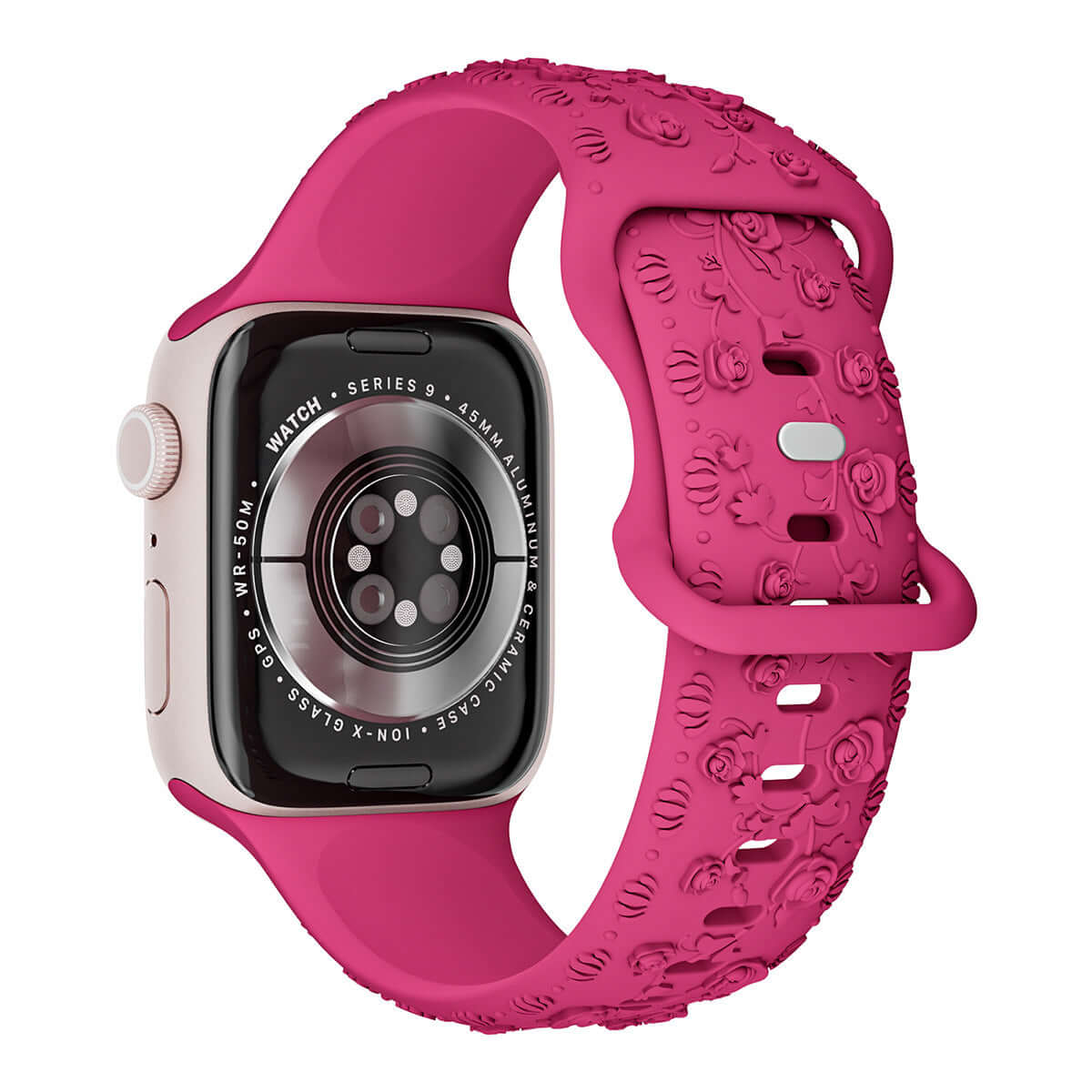 Apple Watch Band – Floral Silicone Strap for Women in pink color featured on smartwatch, showcasing stylish and comfortable design.