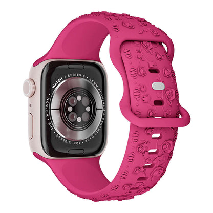 Apple Watch Band – Floral Silicone Strap for Women in pink color featured on smartwatch, showcasing stylish and comfortable design.